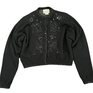 Vintage Dalmy’s Beaded Cardigan Black Wool Blend Christmas Women's M